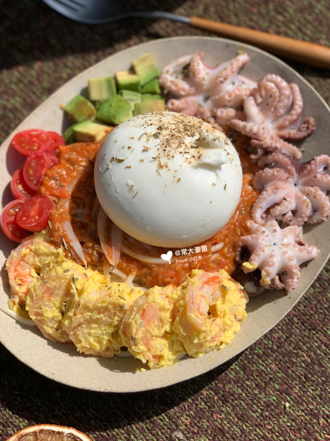 Burrata章鱼芥黄大虾意面🍅🍝奶球子新吃法