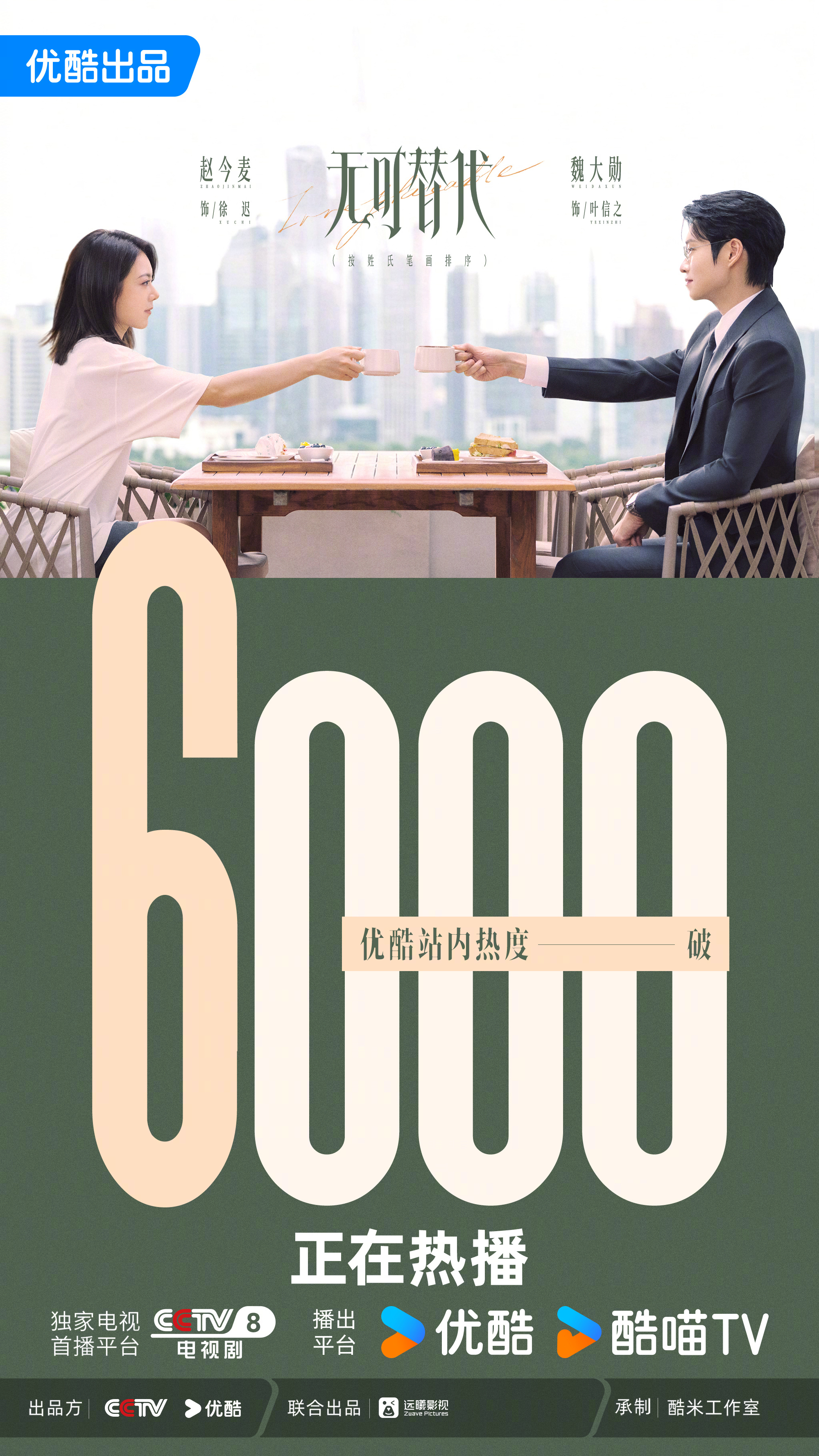前方喜报来袭🎉 恭喜 #无可替代优酷热度破6000# ！初入迈思，任务与危机接踵而至。每一次出击，都在重新定义自己的位置；每一次选择，也都在靠近自己想要的答案！感谢大家一起见证他们的破局和成长，在职场里走出属于自己的路！#电视剧无可替代# CCTV-8优酷正在热播！
领衔主演（按姓氏 ​