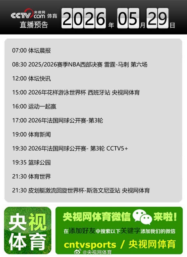 【央视网体育5月29日直播预告】07:00 体坛晨报；08:30 20...