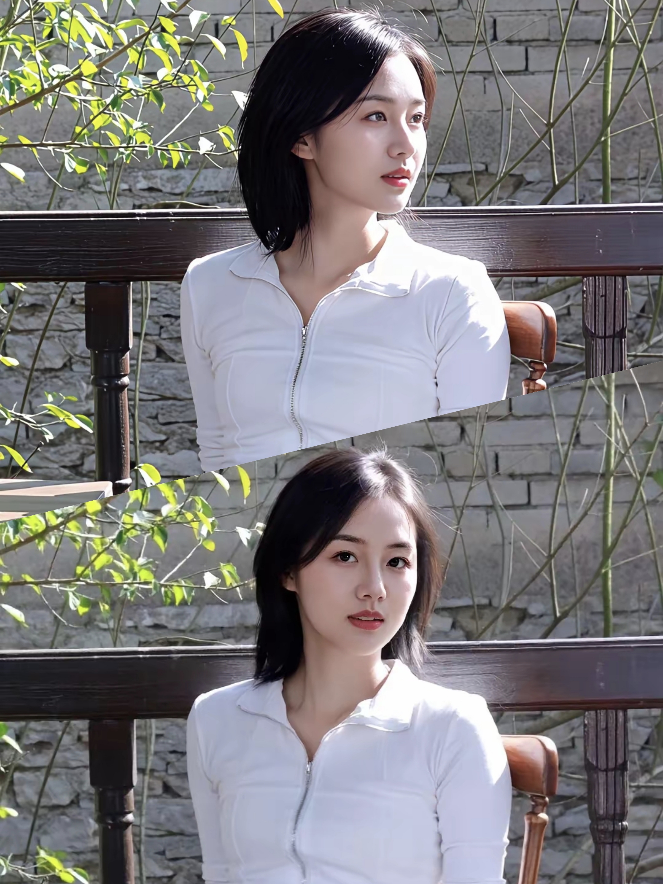温柔美丽动人的小姐姐在户外石墙绿植背景前的写真，身着白色上衣呈现两种姿...