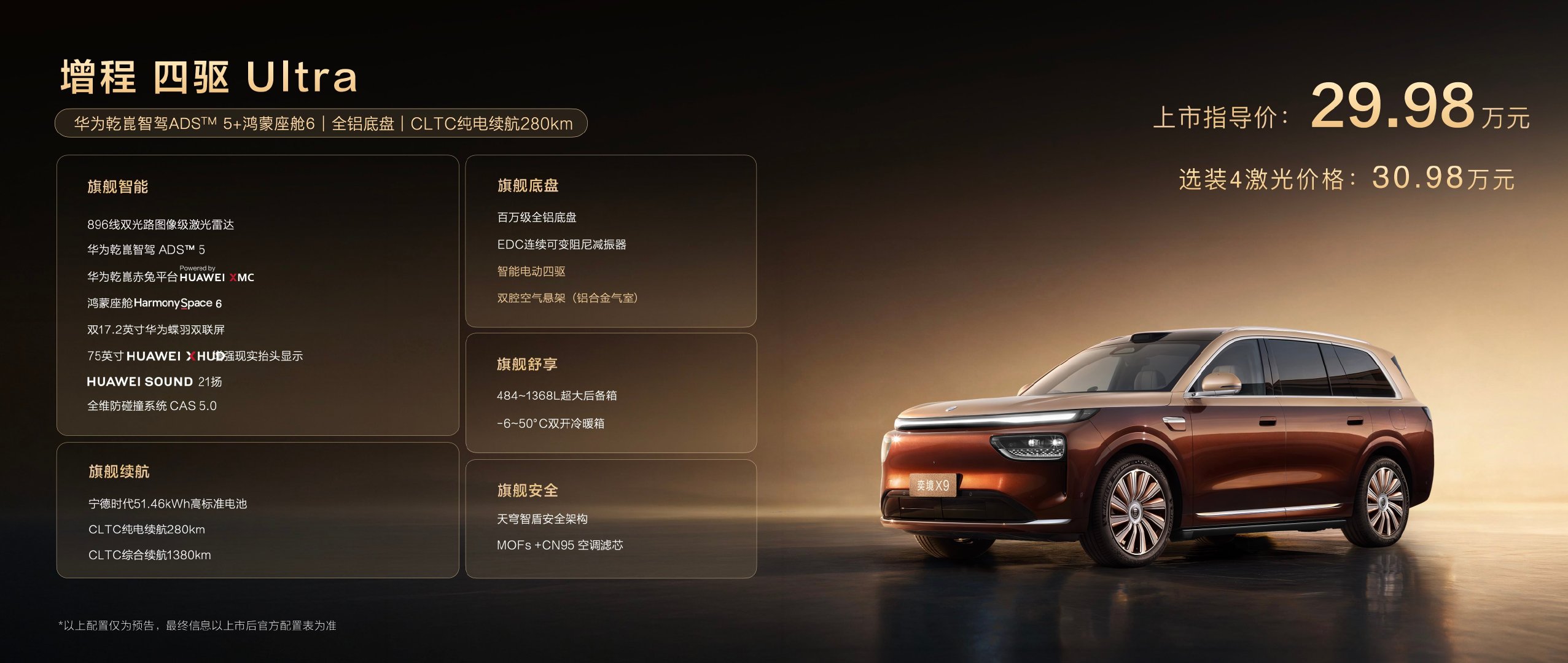#30万内唯一四激光大六座奕境X9#

我发现现在买家庭车，大家其实越来越务实了。

一家四口可能还好，像我家这种六口人经常带老人孩子一起出门，空间够不够大、第三排能不能真坐人、开长途累不累，这些东西最后都比纸面参数更影响体验了，你说是不是。

奕境X9这次给我的感觉，就是把“家庭用车”这件事想得比较完整。大六座，三排都尽量照顾到，同时又把华为乾崑智驾ADS 5、鸿蒙座舱HarmonySpace 6、四激光雷达这些东西都塞了进去。简单说，就是一家人坐得舒服，开车的人也能轻松一点。

胡杏儿自己就是三个孩子的妈妈，所以她聊带娃出门这件事其实挺有代入感。孩子一多，车里真的很容易乱，一会儿这个有需求，一会儿那个要东西。小艺智能体、多屏互动、AMS舱内感知这些功能，放在这种场景里就比单纯堆参数有意义得多。

不用备足 50 万的预算，奕境 X9 把高端旗舰才有的全套硬核配置压进 30 万区间。市面上这套规格普遍是 50 万旗舰的标配，30 万价位里，只有它能给到同等水准的旗舰体验。

所以...
