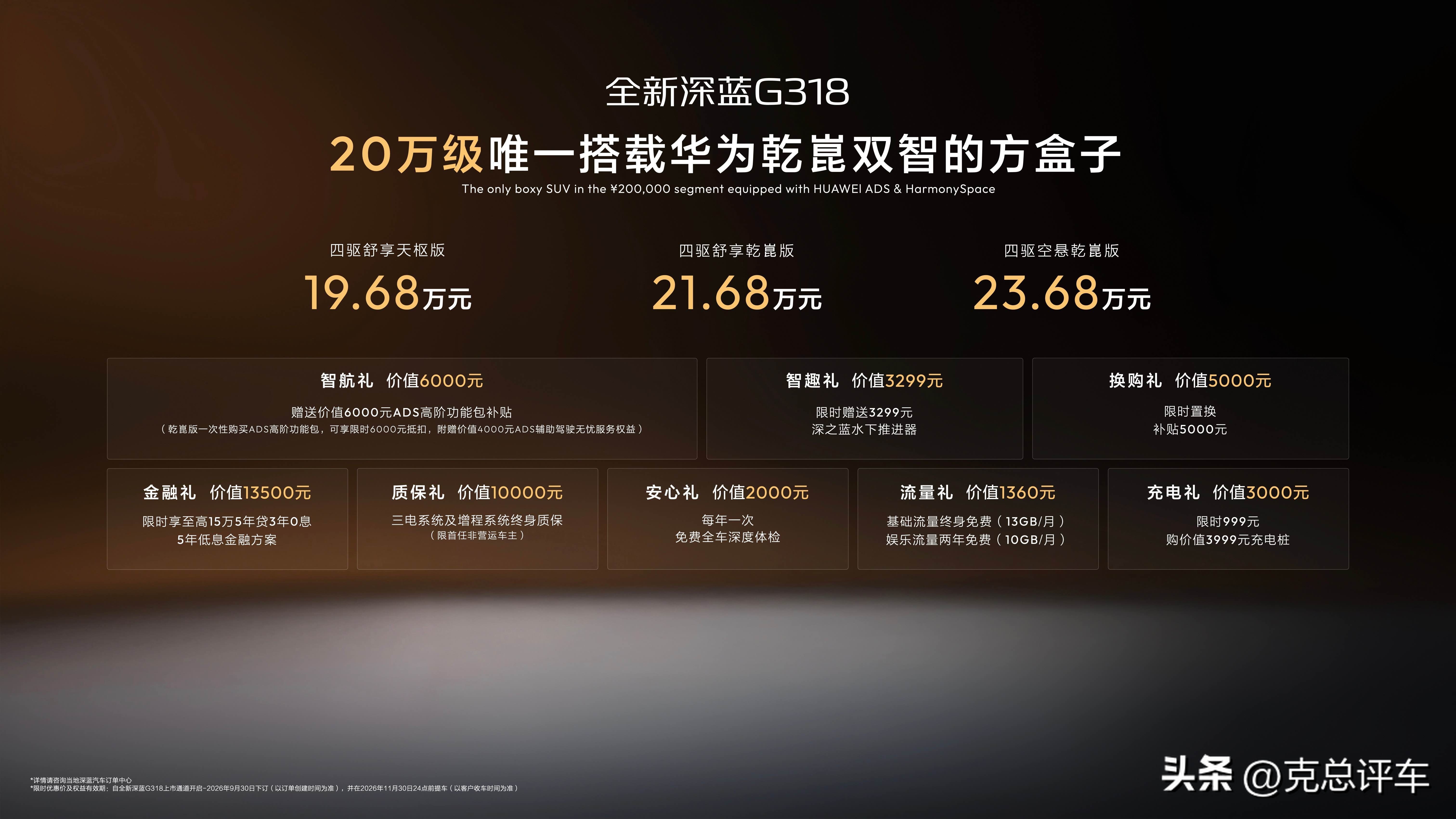 克总说KeTalk

2026成都车展深蓝汽车双车亮相，全新深蓝G318正式上市，深蓝L06全新特别版完成首秀，一台主打家庭全能方盒子，一台强化赛道驾控，把科技平权落到两款定位完全不同的产品之上。

全新深蓝G318限时售价19.68‑23.68万元，是20万级唯一搭载华为乾崑双智的方盒子。它跳出传