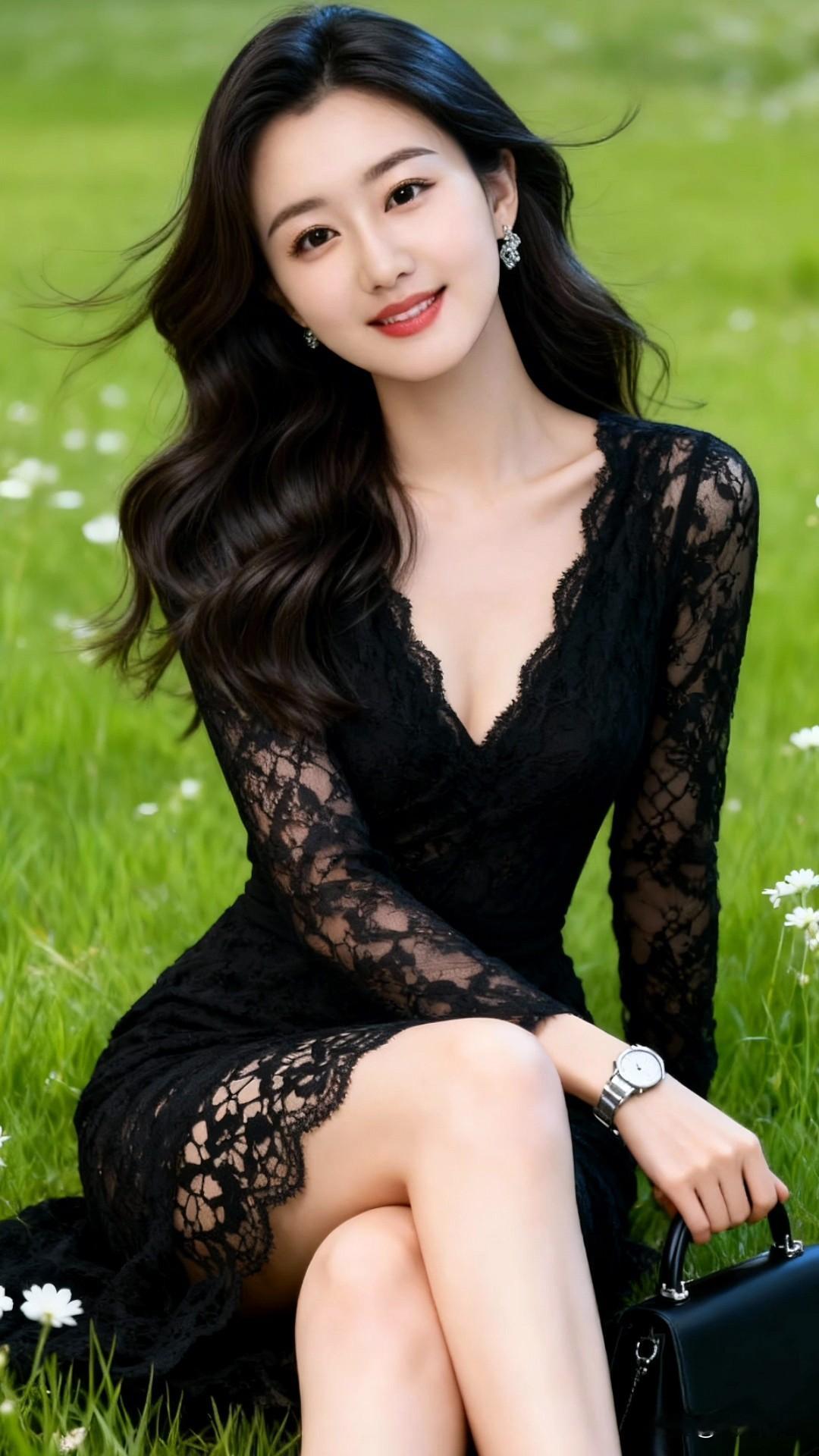 穿着黑色蕾丝，她那么温柔，美丽的笑容，是把春天穿在身上。