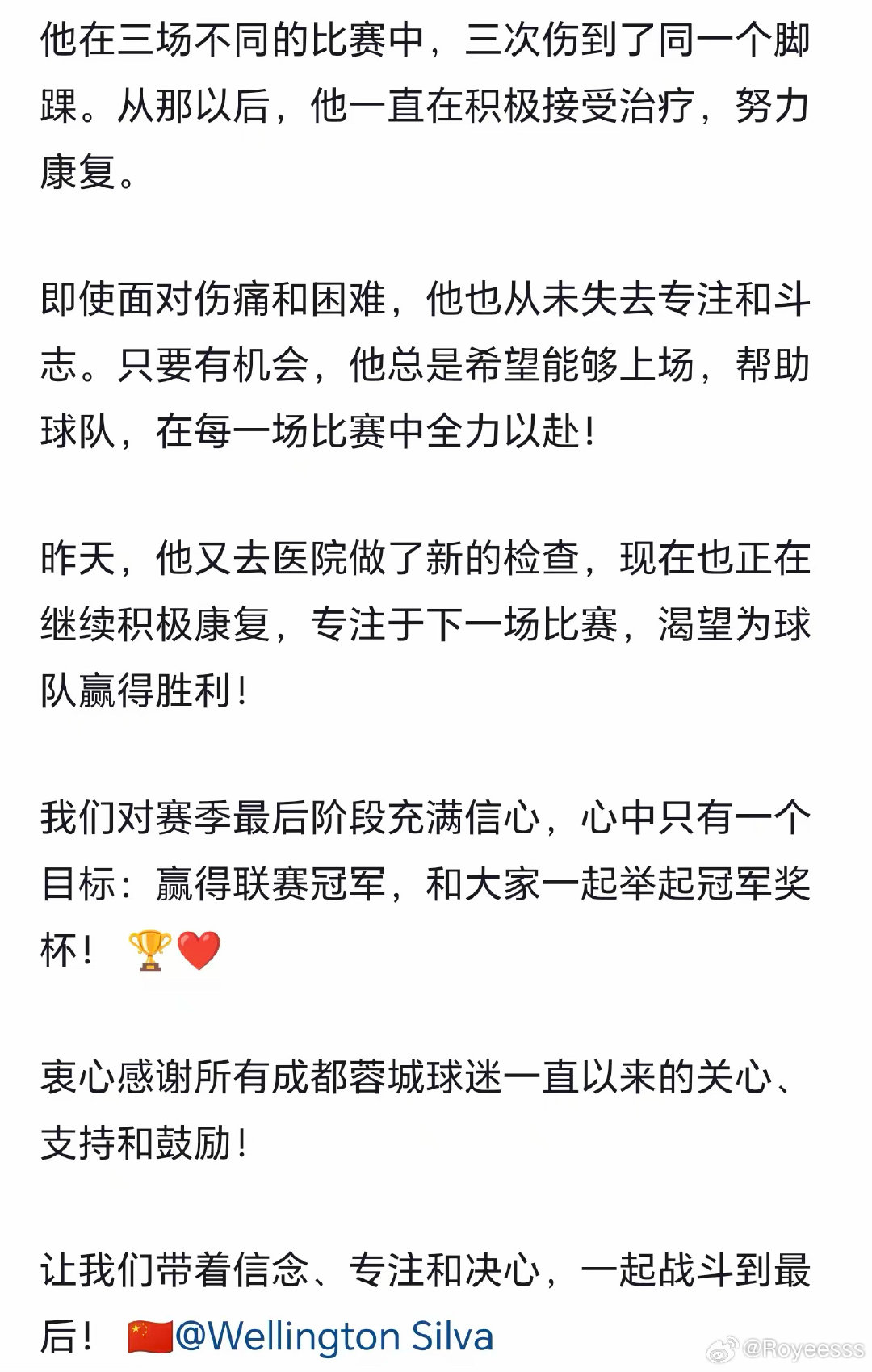 关于威灵顿席尔瓦的伤情 #成都蓉城[超话]# #中超联赛[超话]# #一起登场# ​