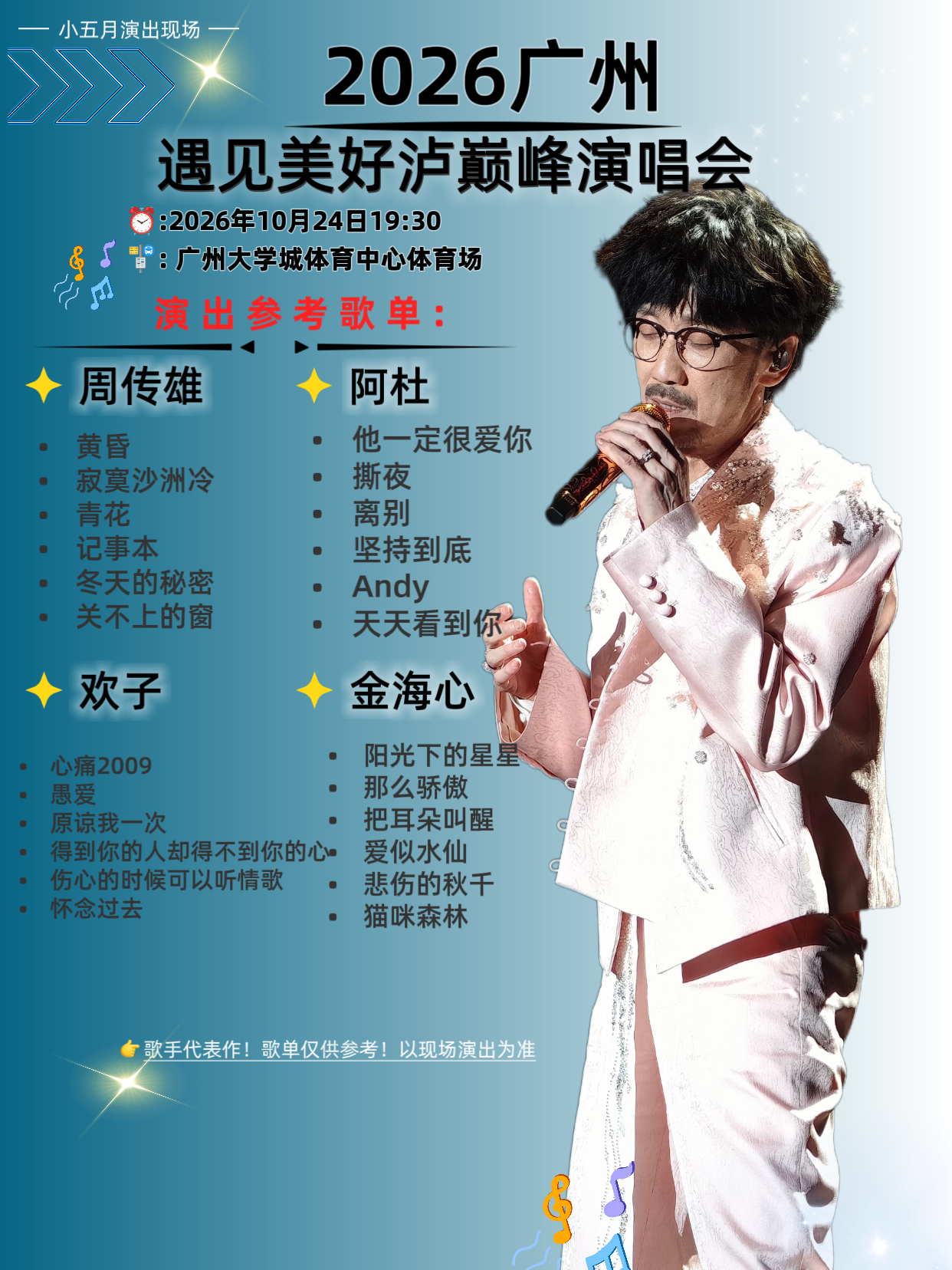 周传雄、阿杜、欢子、金海心来广州演出啦！遇见美好·广州巅峰演唱会抖音开票啦！10月24日就在广州大学城体育中心体育场。
现场有:情歌教父周传雄、烟嗓阿杜、情歌王子欢子、仙音金海心同台献唱。
《黄昏》的沧桑，《他一定很爱你》的遗憾，《心痛2009》的青涩，《阳光下的星星》的温柔。
前奏一响，唤醒尘封多