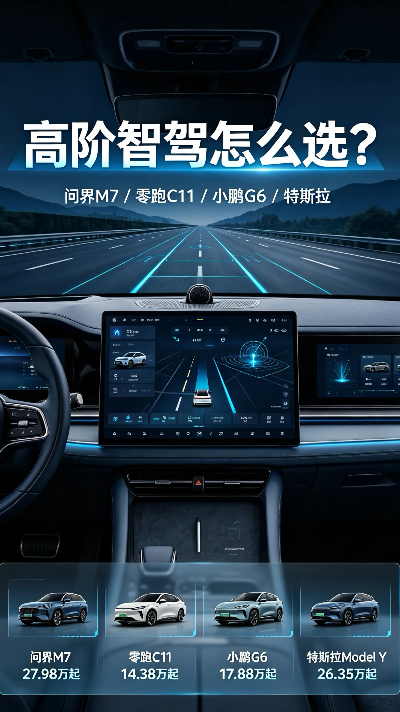 🚗15-30万高阶智驾横评｜四款车怎么选✨
跑高速多，想体验领航辅助，一次性对比清楚
 
▫️问界M7（华为ADS激光雷达版）27.98万起
✅高速+城区NOA双能用，逆光、隧道阴影容错高
❌价格偏高
 
▫️零跑C11激光雷达版
增程14.38万起｜纯电14.98万起
✅15万拿下激光雷达NOA，