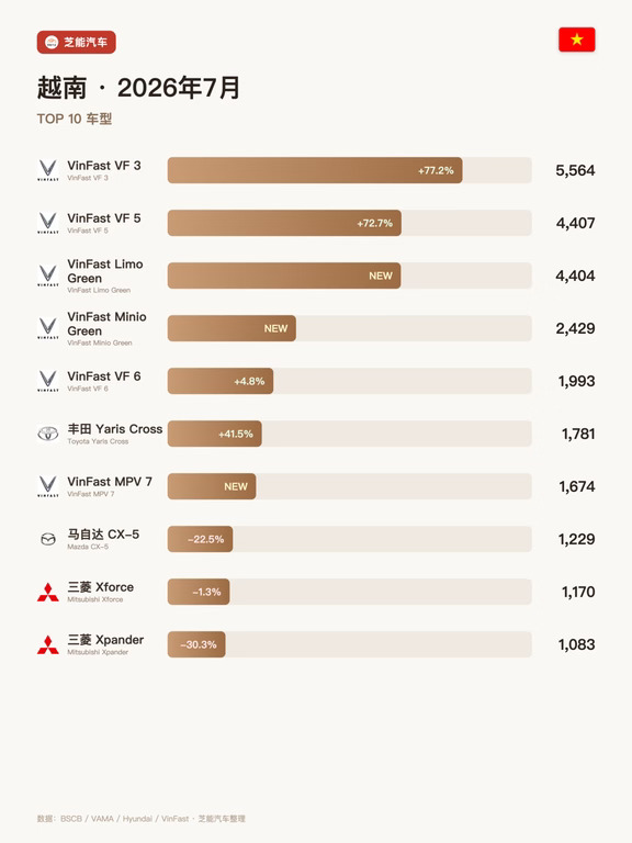 越南7月：VinFast吃掉36.9%，中国难进越南