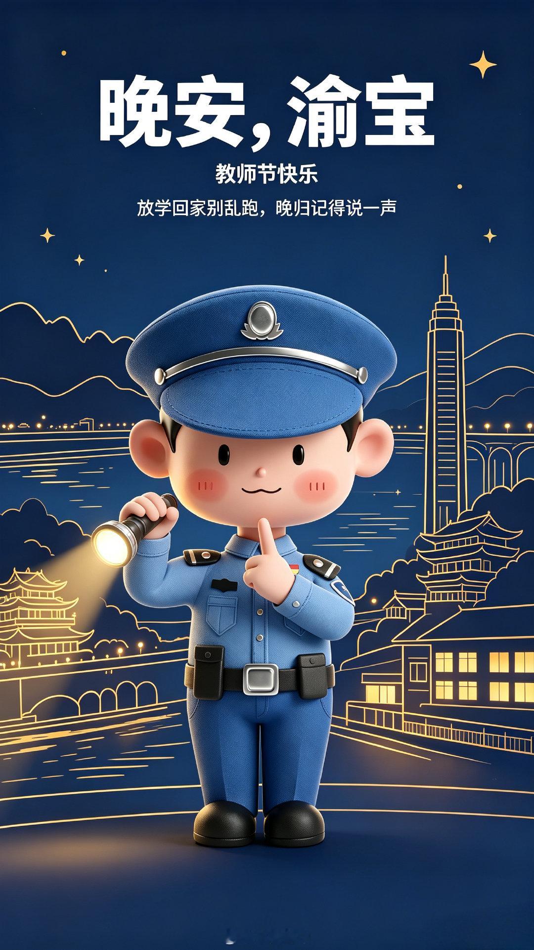 #晚安# 教师节这天也要平安收尾，放学路上不贪玩、不搭乘陌生车辆、晚归记得和家人报声平安。“蜀黍”祝老师们节日快乐，也愿每个渝宝安安全全到家。晚安，渝宝！#守护渝宝每一天##晚安[超话]# ​
