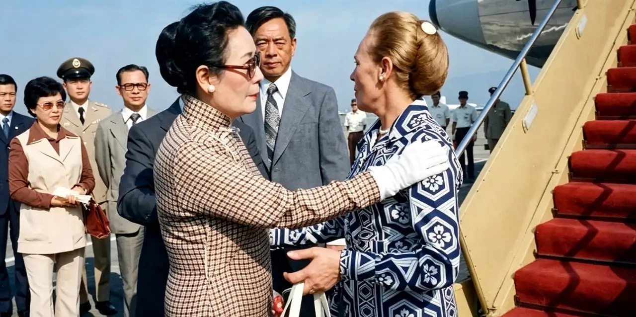 1975年，宋美龄准备去美国定居了。临走登机前，在飞机舷梯旁边，她和来送行的儿媳妇蒋方良道别。宋美龄一只手搭在蒋方良肩上，蒋方良心里特别不是滋味，难过得把脸扭到了一边。两个人就这么面对面站了好一会儿。她们身后，还站着一些随行的官员和军警。