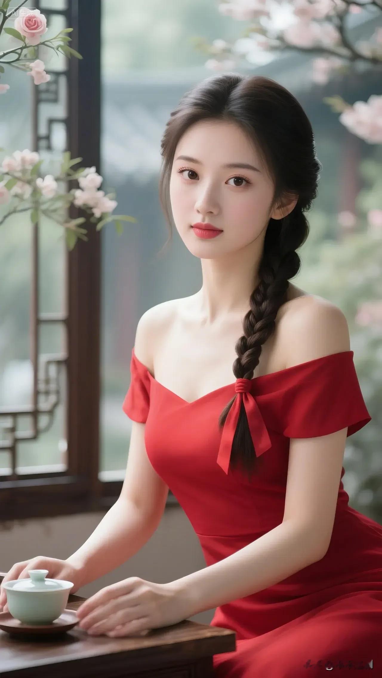 红裙露肩，麻花辫系着蝴蝶结，茶室窗畔，繁花作伴。她手捧茶盏，把东方的...