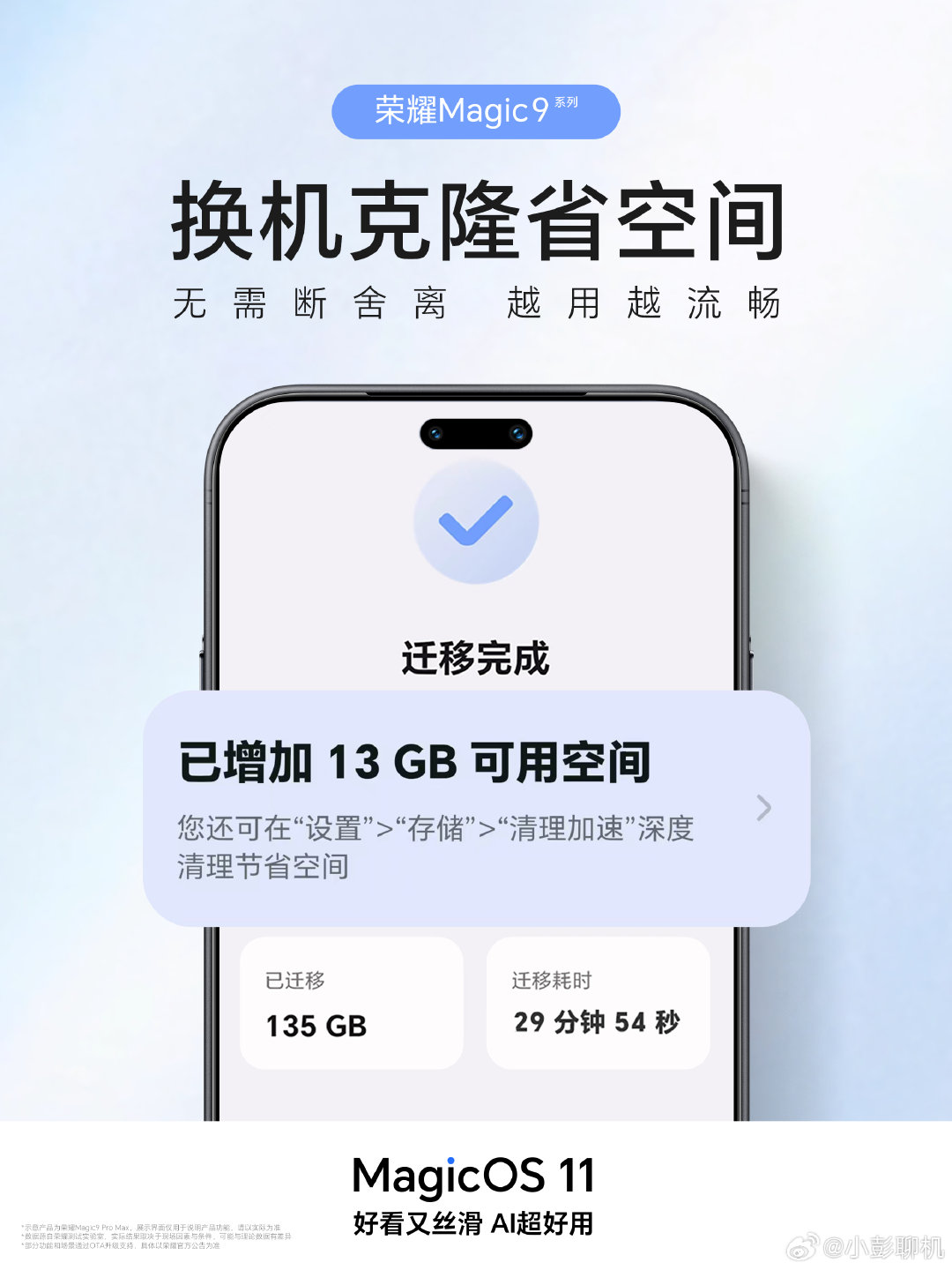 换新机最头疼的就是数据迁移！要么删资料腾空间，要么长时间干等传输。荣耀#MagicOS11#的换机克隆属实有点东西，迁移完还能多出几十GB可用空间，相当于搬家顺带帮你整理清理。别人换机只是原样拷贝，荣耀直接帮你收纳瘦身，把换机体验卷出新高度。#MagicOS好看又丝滑AI超好用##荣耀Magic9# ​