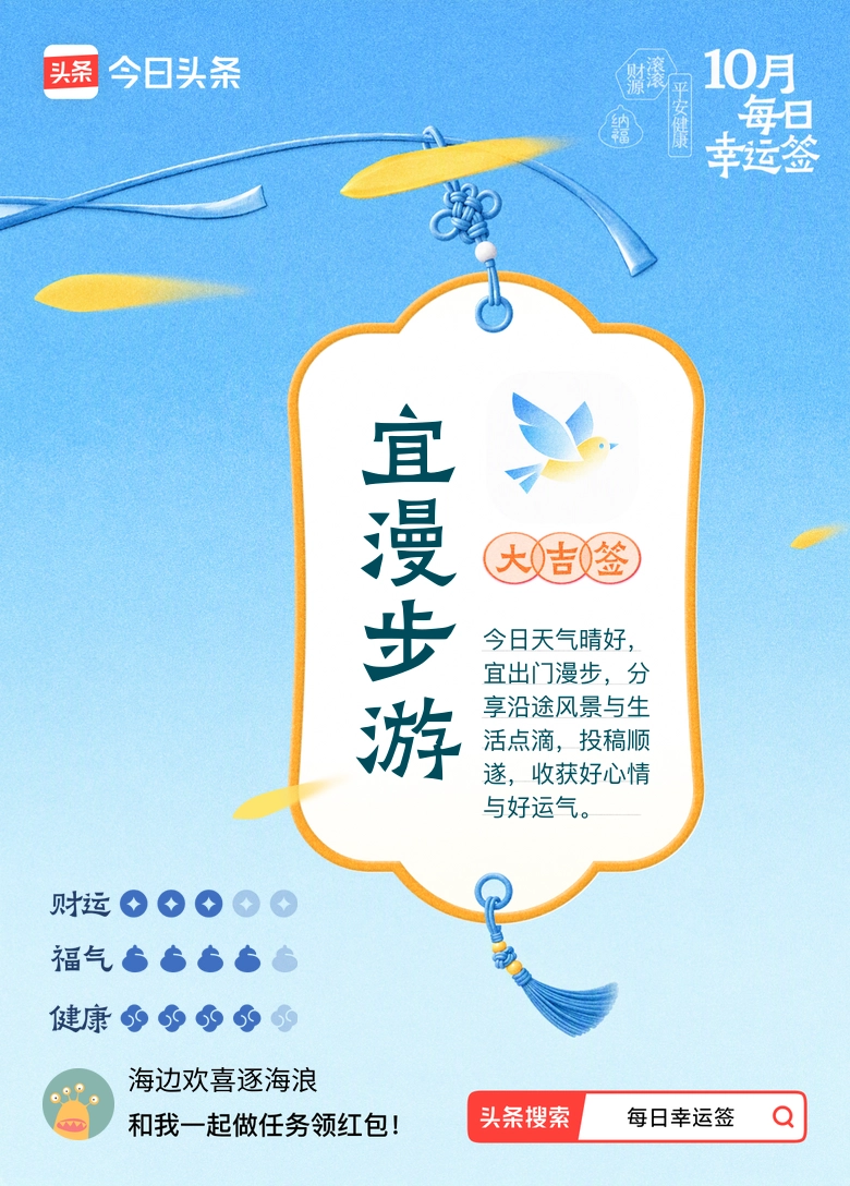 10月·每日幸运签 抽到10月的每日幸运签居然是大吉，宜漫步游，刚好赶上沈阳这几天秋高气爽的好天气。
顺着家附近的青年大街往万象城晃，刚好撞见特斯拉Cybercab的东北首展，隔着玻璃摸了摸未来感的座舱，转头又在街角撞见金黄的银杏叶铺了半条人行道，随手拍了几张发去车友群，居然攒了二十多条评论问位置。