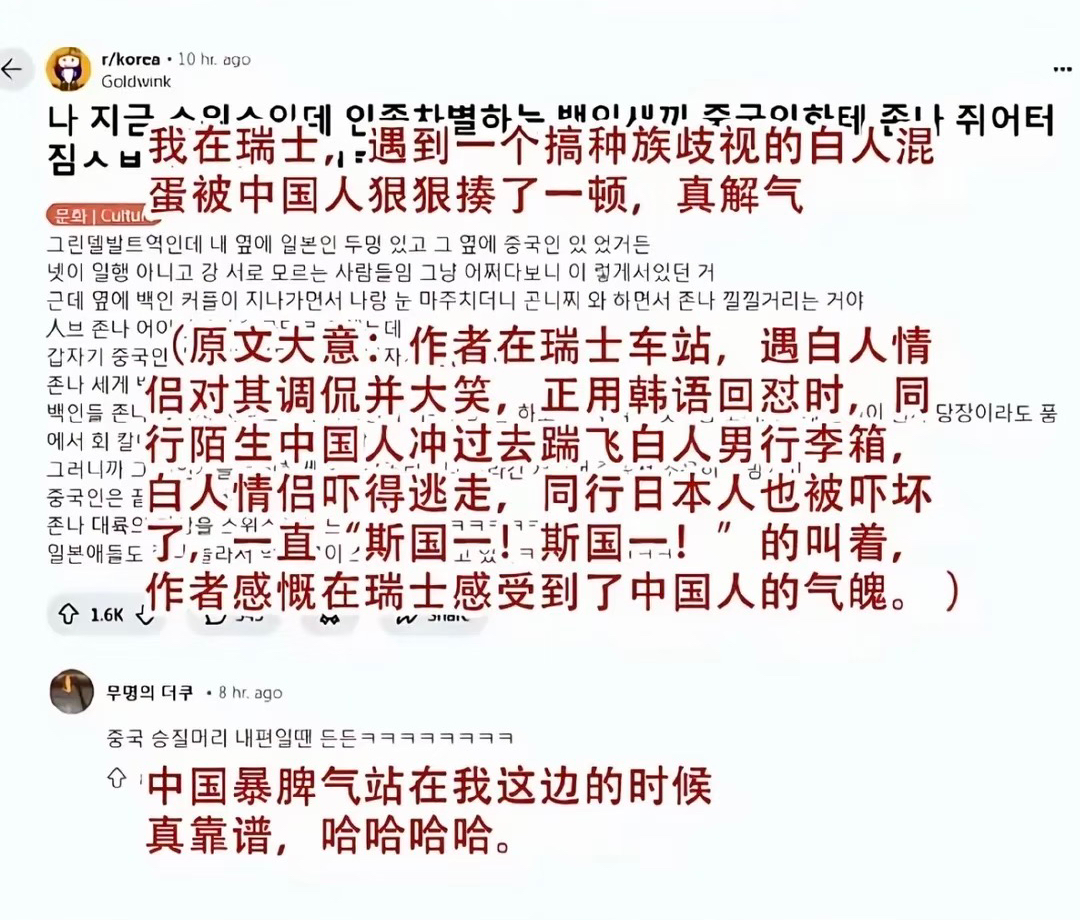 韩国网友发帖：他遇到了一个种族歧视的白人，日本人围观，只有中国人仗义出手
网友在瑞士车站被一对白人情侣调侃嘲笑，他用韩语回怼，没想到一个陌生中国人突然见义勇为，冲过去踹飞了白人的行李箱，白人情侣吓得逃走了
一旁的日本人也吓傻了，一直喊着“斯国一”
日韩被中国人的气概折服了