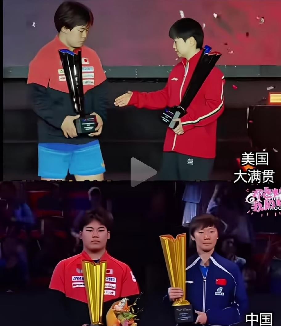 两场颁奖合影被剪在一起，松岛辉空成了那把尺子。
美国大满贯赛后，孙颖莎上台，主动伸手，松岛辉空才跟着握了手。中国大满贯赛后，王曼昱上台，两人全程零对视零搭话，各自站好位，拍完走人。
于是评论区吵翻了：一个“大格局”，一个“没格局”。
但翻翻现场记录就知道，王曼昱和松岛辉空本来就没交情，不同性别组别，