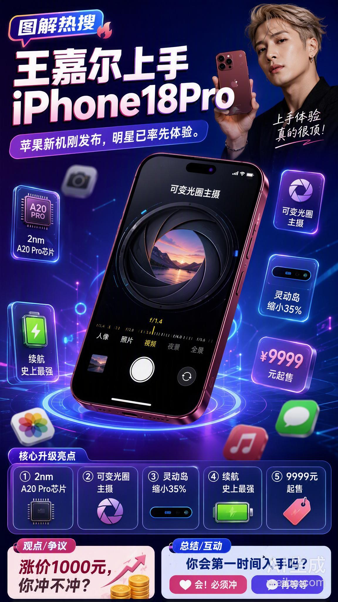 苹果秋季发布会落下帷幕，艺人王嘉尔以返场嘉宾的身份登台，再次拿下苹果官方合作资源，率先上手全新iPhone18 Pro，一张勃艮第酒红色真机自拍火速刷屏全网，把新机主打配色的高级氛围感直接拉满。
 
这已经是王嘉尔连续第二年和苹果展开深度合作。去年他为iPhon