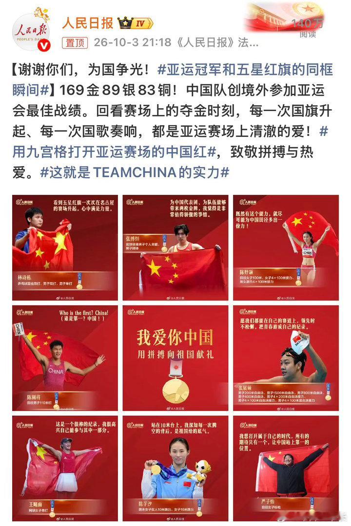 #亚运冠军和五星红旗的同框瞬间#
谢谢你们，为国争光！九宫格根本放不下本届亚运中国队所有的荣耀瞬间👍
名古屋亚运会圆满收官，中国队斩获169金89银83铜，创下境外参加亚运会的历史最佳战绩。一次次赛场冲刺，一回回奋力划水，五星红旗不断升起，国歌响彻赛场，每一幕都让人热血沸腾。
 ​