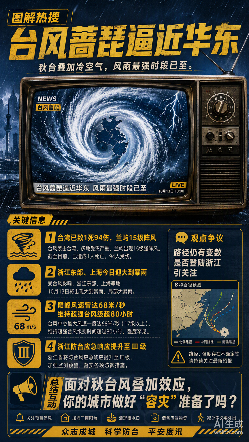 #台风#“蔷琵”之所以在巅峰期维持了80多个小时，是因为它撞上了秋季特有的“冷空气叠加”效应。

在夏季，台风往往独自在热带海洋上肆虐；但到了秋天，北方的冷空气开始南下。当这两股性质完全不同的气流在华东沿海相遇时，产生了剧烈的能量释放，从而直接导致了浙江东部、上海等地出现远超预期的极端 ​