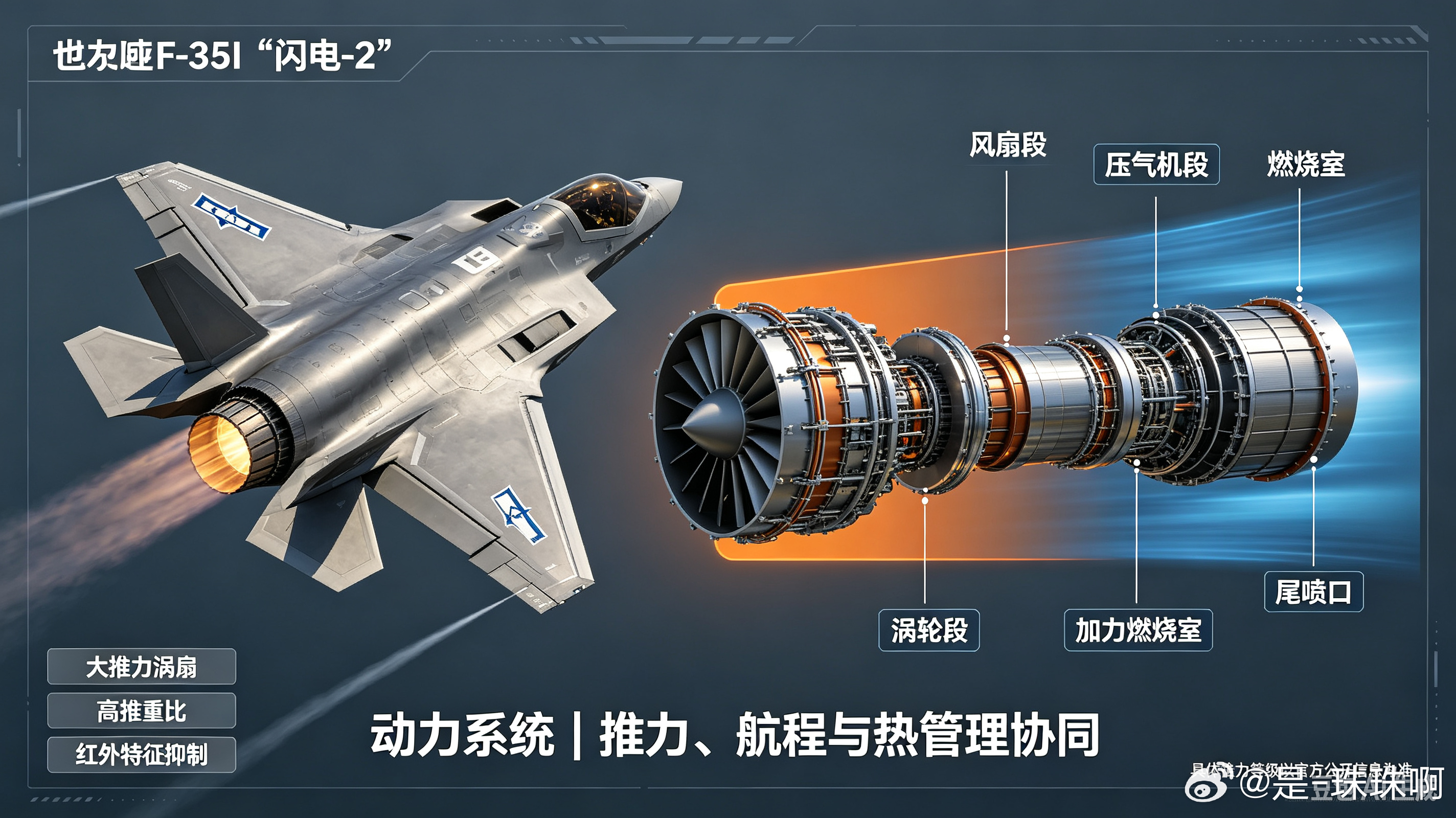 F‑35I是以色列基于F‑35A定制改装的隐身多用途战机，也是以军空中突击核心装备，绰号“阿迪尔”。相比基础版F‑35A，该机保留原厂隐身外形、动力与航电框架，内置以色列自研航电、数据链、电子战模块，可挂载本国生产的SPICE制导炸弹、黛利拉巡航导弹，兼容怪蛇系列空空导弹，适配本土作战需求。

机 ​