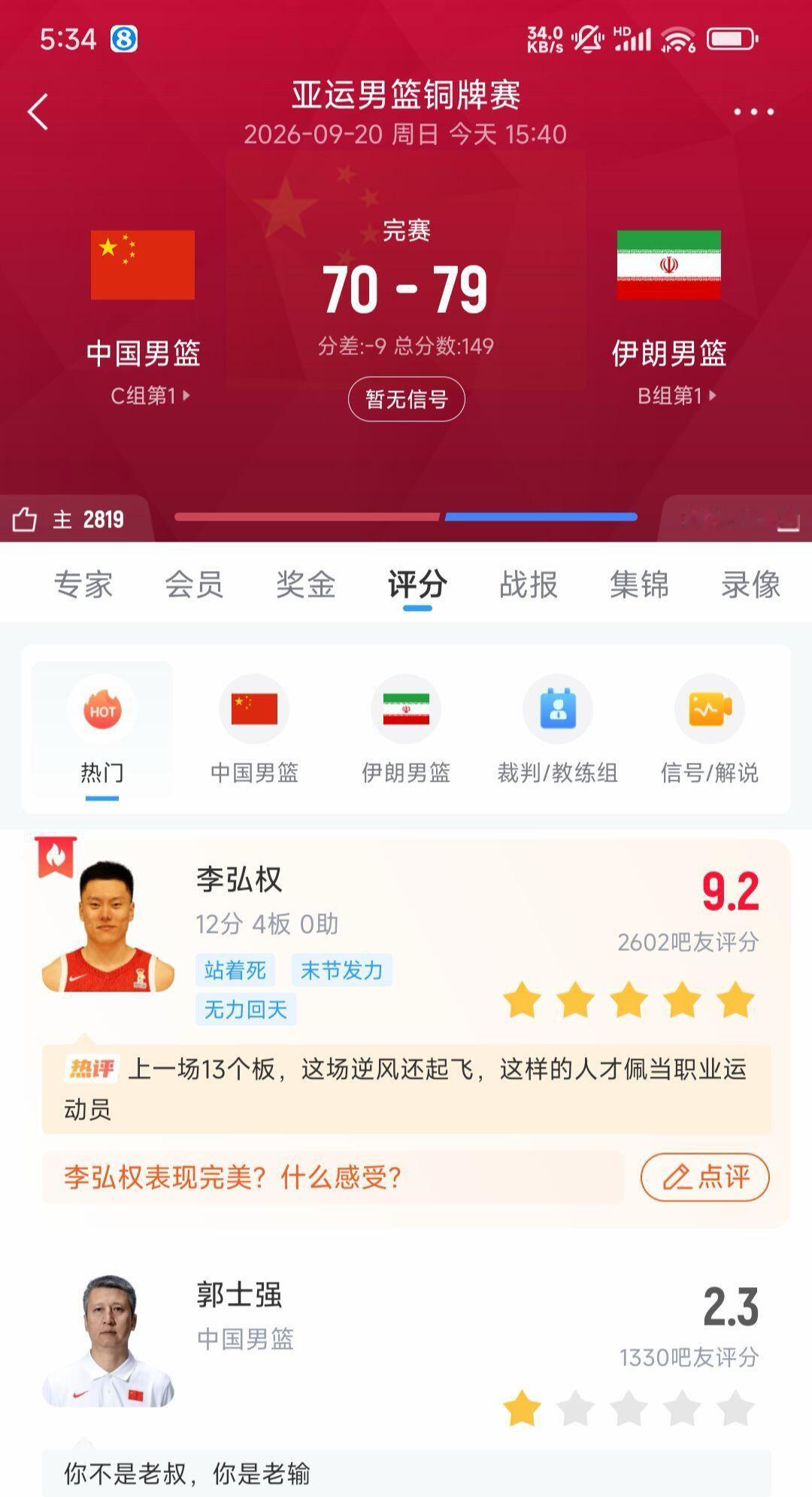 #韩乔生谈中国男篮无缘铜牌# /#韩乔生预判应验男篮顽疾爆发# 韩乔生感慨一语成谶，一个月前热身赛指出的所有隐患，在对阵伊朗时全部重现。篮板保护弱、高强度下失误飙升、破紧逼没有有效办法、进攻过度依赖三分，这些问题始终没能解决，最终70‑79落败无缘铜牌#中国男篮无缘铜牌##亚运会[超话]# ​