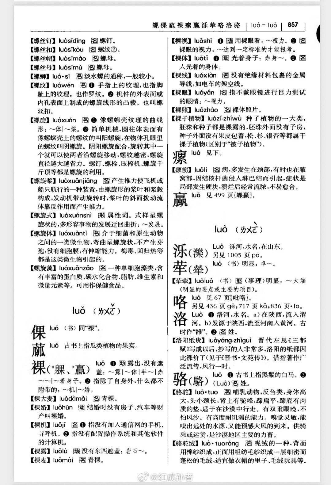 #识字计划ll# 第856、857页，骡裸骆音。丁俊晖打败囧哥，进入四强，多少人热泪盈眶！主任的号召力和凝聚力无人能及，哪怕他处于低谷。荦荦大端，明显的要点或主要的项目。螺蛳结顶，蛳不是翘舌音，而是平舌音，容易误读。洛阳纸贵，前天的讲座中提到了，还说左思与潘安在一起出现，因其容貌奇丑而遭到 ​
