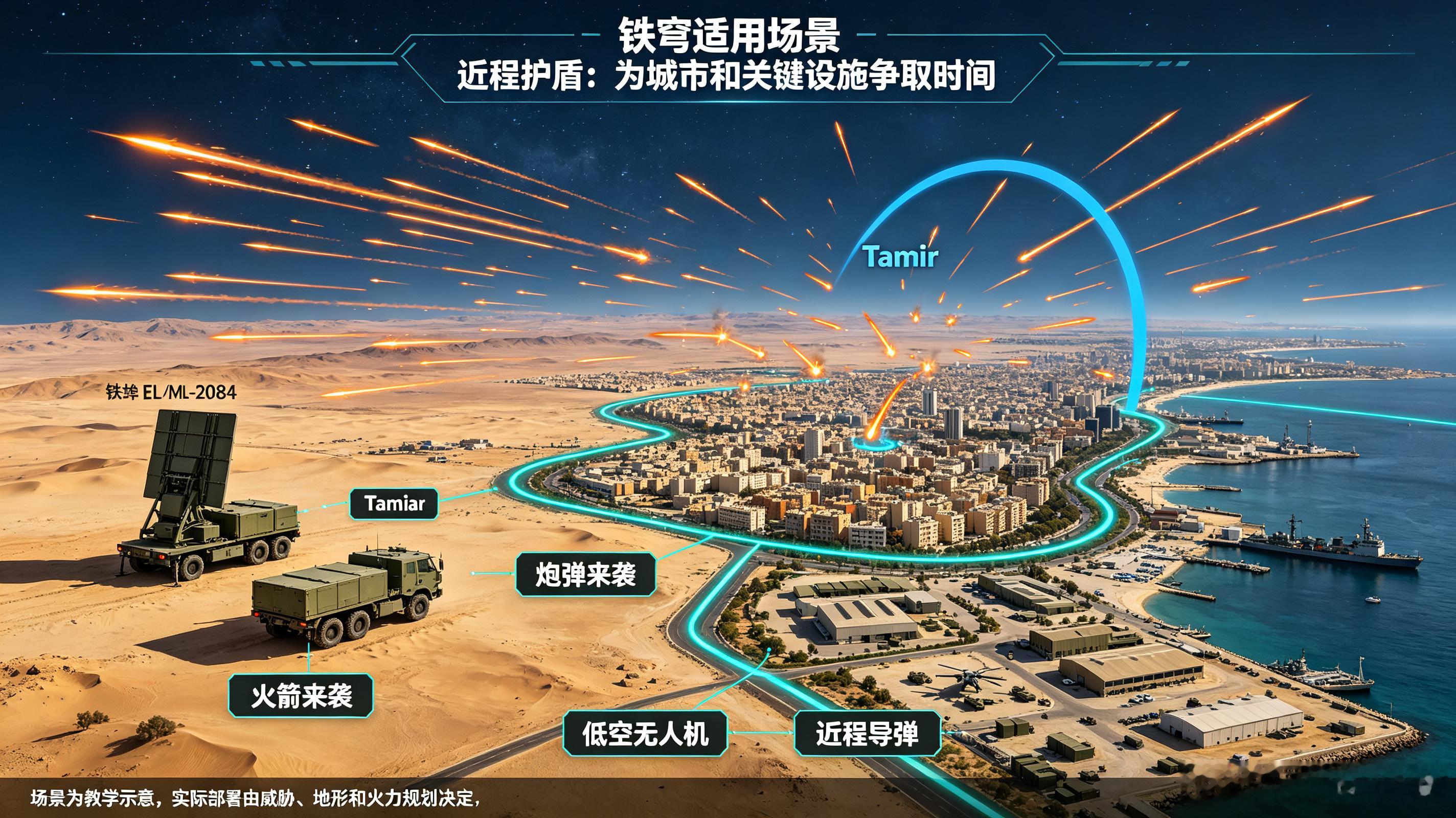 铁穹是以色列自研的全天候机动型近程防空拦截系统，为以色列多层反导体系的末端核心，专门适配中东复杂冲突环境，主打低成本、快响应、选择性拦截，是应对火箭弹、炮火饱和打击的主力装备。

整套系统由探测雷达、火控指挥中心、导弹发射单元组成，单系统可搭载3组发射架，备弹60枚塔米尔拦截弹，有效 ​