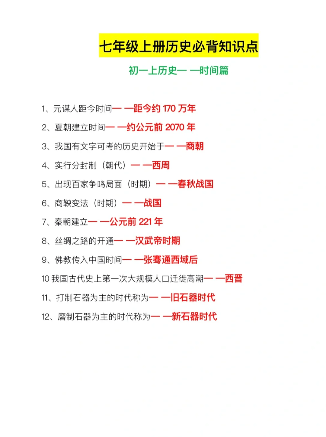 七年级上册历史，必背知识专项训练‼️