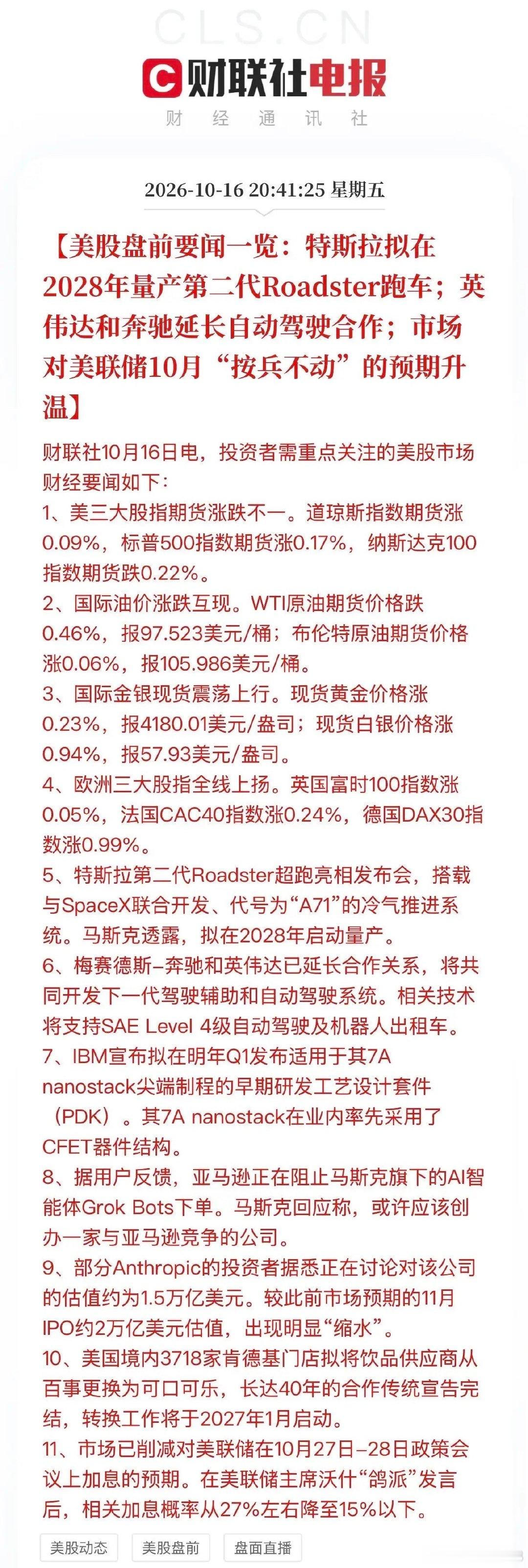 周六美股盘前要点一览

1. 美三大股指期货分化，纳指期货小幅走弱；欧洲股指全线上涨。

2. 原油小幅震荡，黄金、白银现货震荡走高。

3. 特斯拉第二代Roadster亮相，搭载冷气推进系统，预计2028年量产。

4. 奔驰与英伟达延长自动驾驶合作，联合研发L4级自动驾驶与Robotaxi。

5. IBM计划明年一季度推 ​