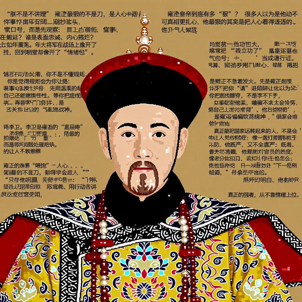 《“朕不是不讲理”：雍正最狠的不是刀，是人心》
雍正皇帝到底有多“狠”？很多人以为是他动不动就抄家、砍头。可真相更扎心：他最狠的其实是——把人心看得透透的。你看，雍正上台第一件事不是喊口号，而是先观察：谁在敷衍？谁在拖延？谁在表面忠诚、内心摆烂？

比如年羹尧。年大将军在战场上像开了挂，回到朝堂却像