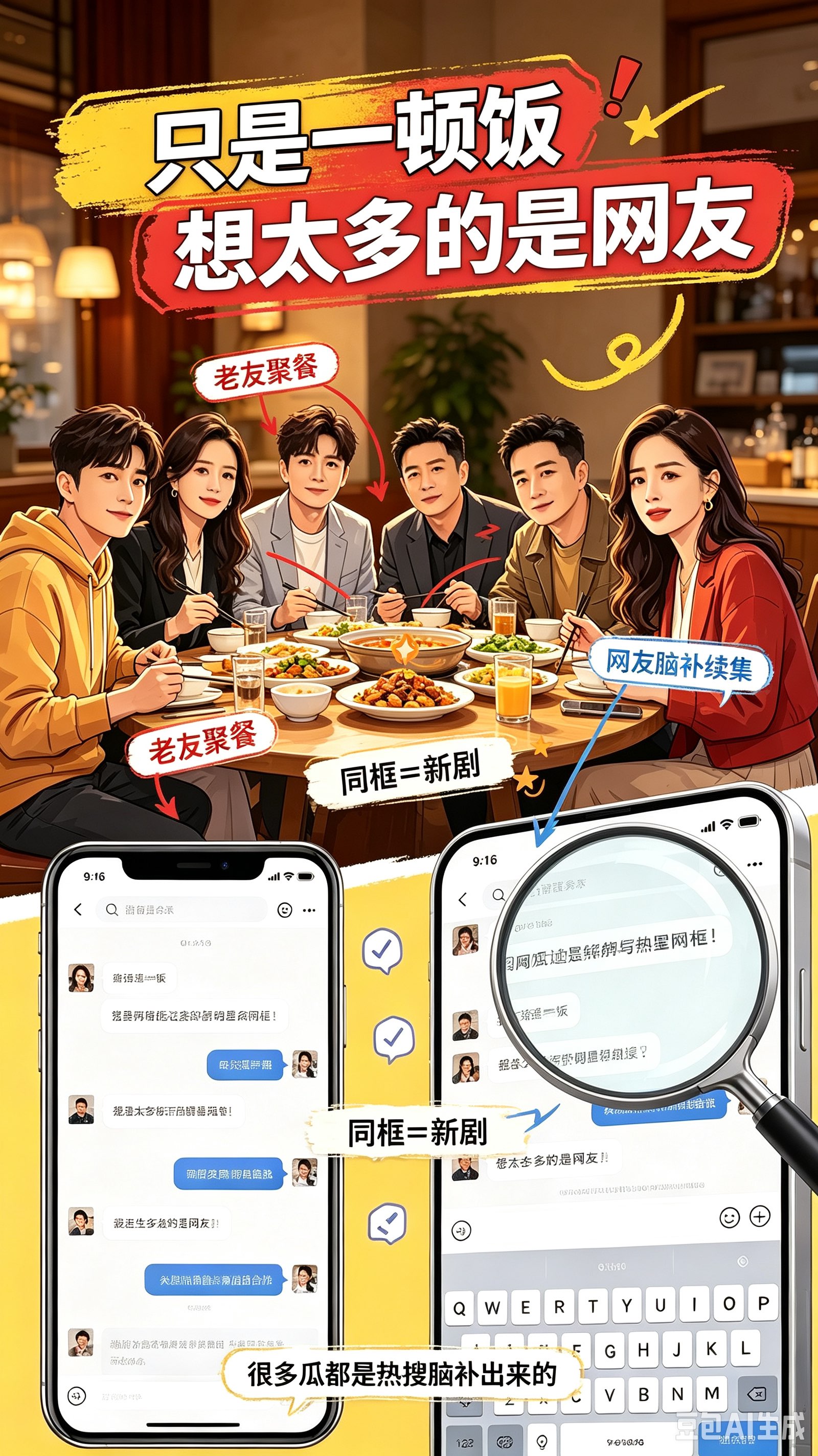 只是一顿饭。
想太多的是网友。
爱情公寓五位主演聚餐直接冲上热搜，我们总爱从明星的合照里，脑补各种新剧消息。

不知道大家有没有发现这个现象，现在只要老牌明星凑在一起同框，第一反应就是：是不是要拍新剧了？

陈赫、娄艺潇、邓家佳他们这次见面，说白了就是老朋友抽空吃顿饭，随手拍条视频留个纪念，没有宣传