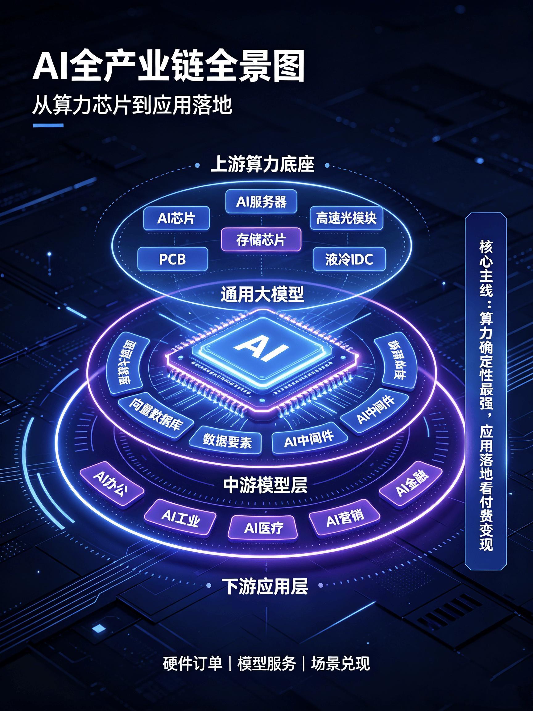 一文说透！AI全产业链完整梳理（上游算力底座→中游模型层→下游应用层）

📣📣📣前言万语：

1）仅产业逻辑梳理，不构成投资建议。

2）列举个股仅为举例，不构成推荐。

3）炒股，并不是给个代码就能赚钱，还包含很多，如胆量、心态、执行力、纪律、交易策略、仓位配置、买卖点、止盈止损点等 ​