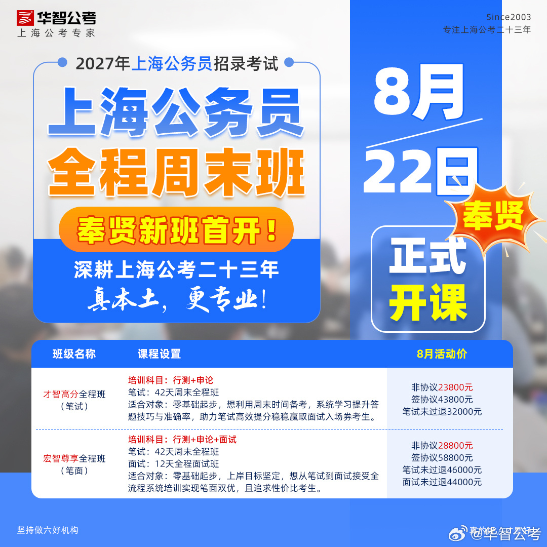 🔥奉贤学习中心2027年上海公务员全程周末班
8 月 22 日正式开课🎉
✅周末上课，适合在职备考人群
👉才智高分全程班（仅笔试）
👉宏智尊享全程班（笔面一体全套）
行测 + 申论系统精讲，本土教研贴合上海公考，
奉贤本地开班，备考不用跑市区，抢占班级名额！

如需更多咨询或申请就近试听，请 ​
