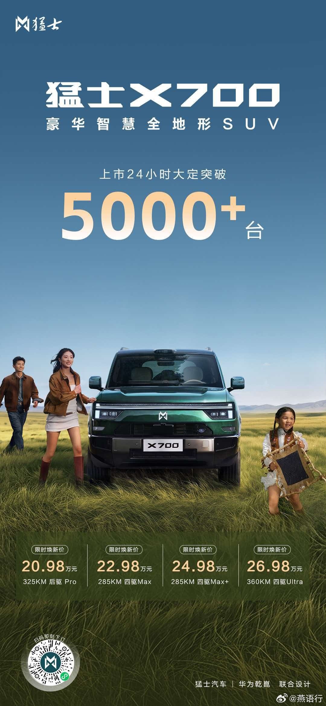 #豪华智慧全地形SUV猛士X700 
24小时大定突破5000+台！
限时焕新价20.98万元-26.98万元
立即定购，享至高65000元上市权益
#猛士X700正式上市# ​