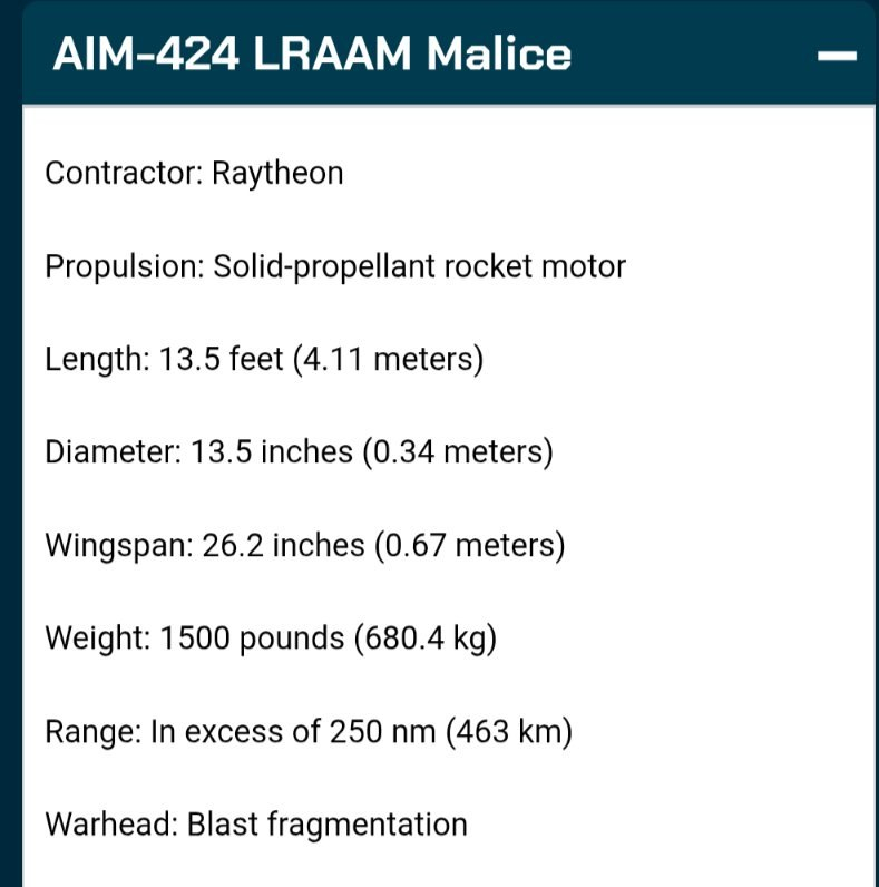 美国海军公布了全新的AIM-424 远程空对空导弹（LRAAM）的测试图和大致参数 [思考]

其承包商为雷神公司，长度 4.11 米，直径 0.34 米，重量 680.4 kg，射程超过 463 km，高爆破片杀伤战斗部。

AIM-120长度3.65米、直径0.178米，标准-6长度6.6米、直径0.53米，而这枚AIM-424刚好卡在中间，长度4.11米、 ​