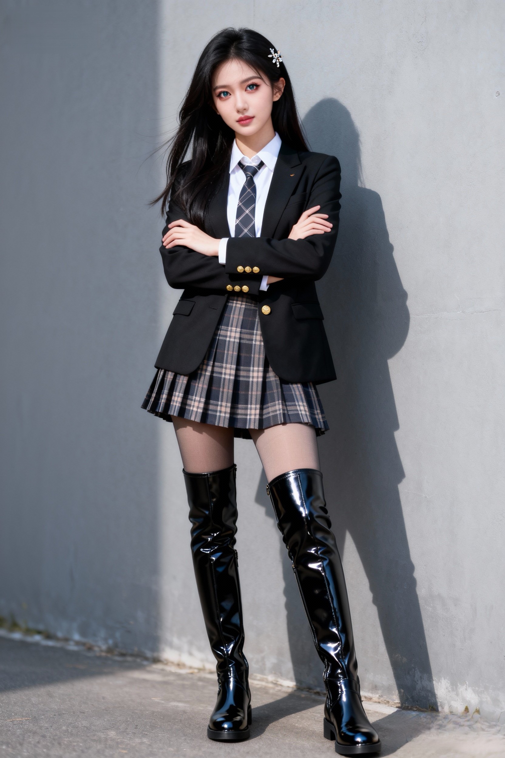 一位青春洋溢的女子，肌肤白皙光洁，五官精致立体。一头乌黑柔顺的长发披肩...