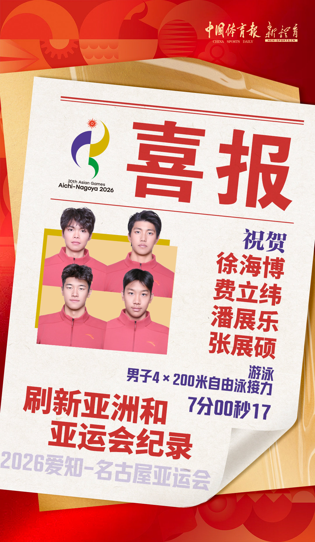 #中国队史诗级逆转刷新亚洲纪录#
名古屋亚运会游泳男子4x200米自由泳接力决赛，中国队徐海博、费立纬、潘展乐、张展硕再夺一金！成绩7:00.17，刷新7:00.91亚洲纪录。日本队银牌，韩国队铜牌。#张展硕最后时刻反超##中国队男子4x200米自接金牌#

属于中国队的青春风暴啊[拜托] ​
