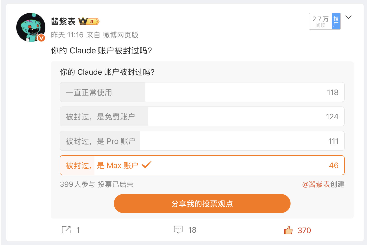 Claude 能没被封的用户只有 30% 左右........ ​