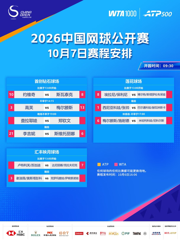 🎾2026中网10月7日赛程公布