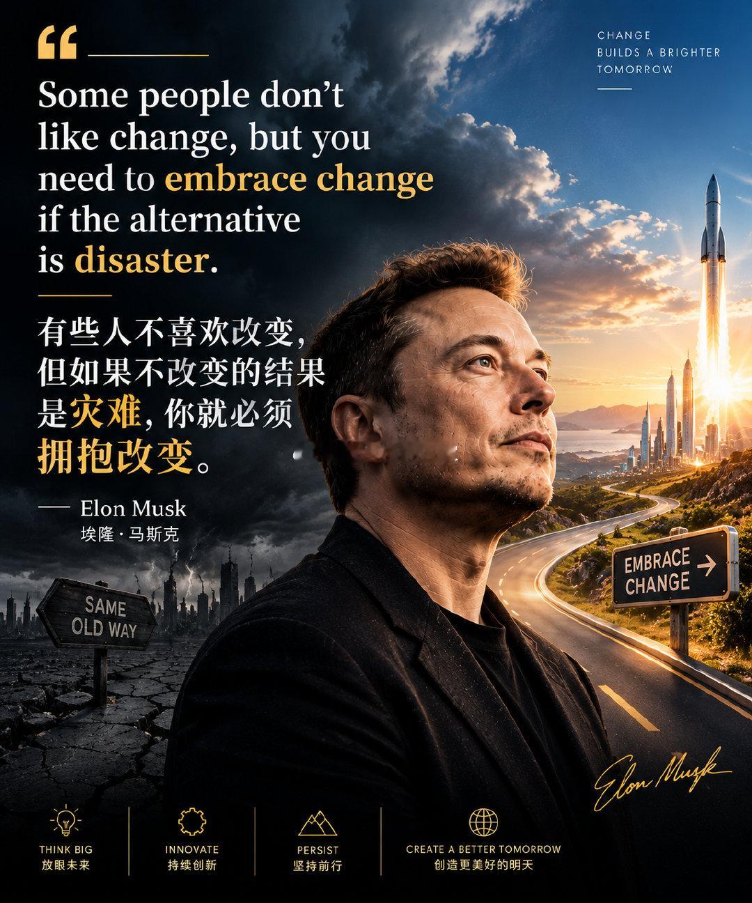 #马斯克[超话]# 有些人不喜欢改变，但如果不改变的结果是灾难，你就必须拥抱改变— Elon Musk｜埃隆·马斯克
Some people don’t like change, but you need to embrace change if the alternative is disaster.
 #英语学习# ​