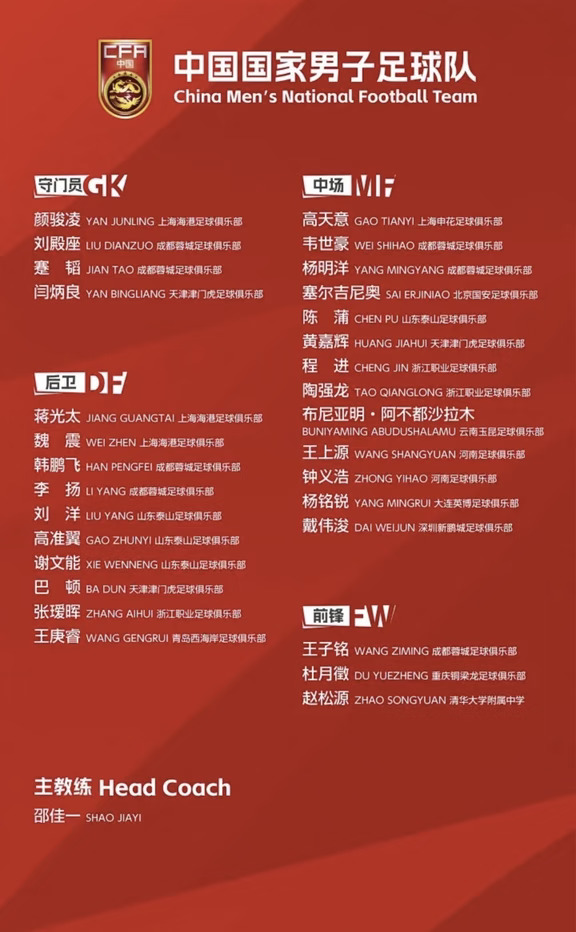 新一届国足集训名单｜申花💙高天意入选