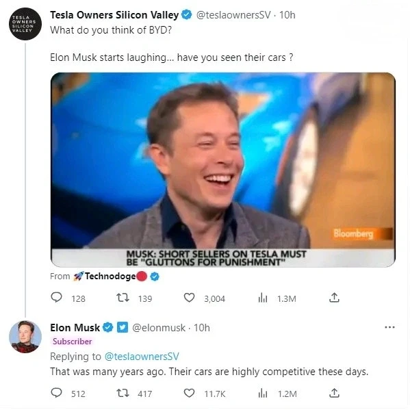 马斯克:嘲笑比亚迪是十年前的事了