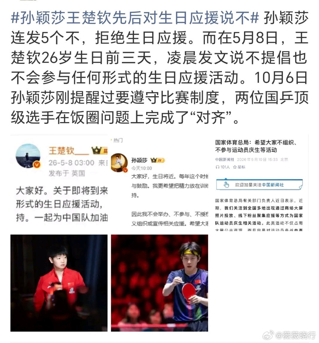 #孙颖莎王楚钦先后对生日应援说不#
孙颖莎在生日前半个月发文，用“不举办、不参与、不授权、也不鼓励”的明确表态叫停一切生日应援，半年前也做过同样的拒绝声明，国乒顶流在抵制体育上完成了“对齐”。

孙颖莎声明：连说5个“不”，事前划清边界

声明时间与措辞：10月19日，距离11月4日生日尚早， ​