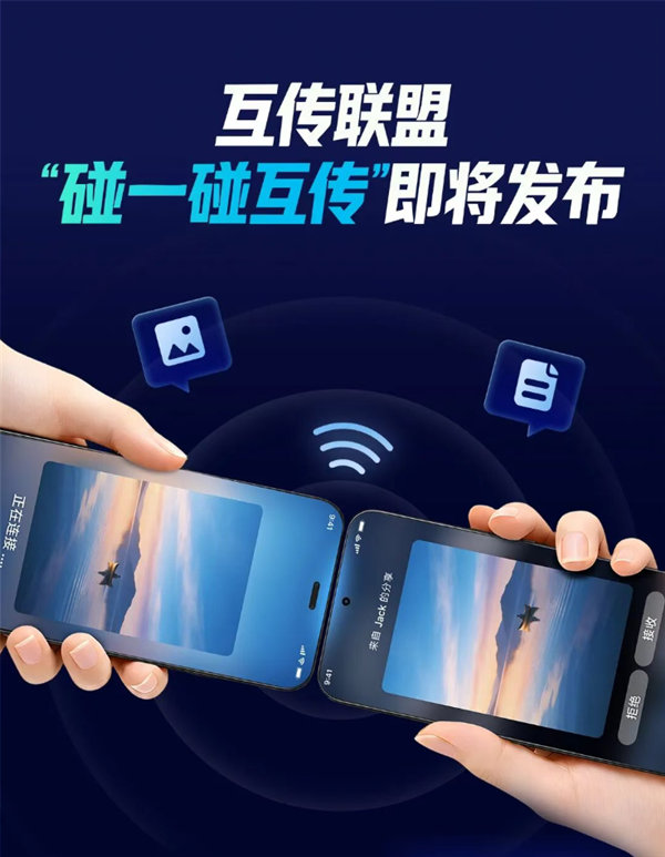 互传联盟宣布推出「碰一碰互传技术标准」，由荣耀、OPPO、vivo、小米四家技术团队共同完成标准制定、研发与联调，统一底层规范。该标准支持四家设备互通传输图片、文档等文件，无需额外下载应用，直接集成在系统内，预计 10 月中旬起陆续通过系统更新向支持的机型推送。 ​