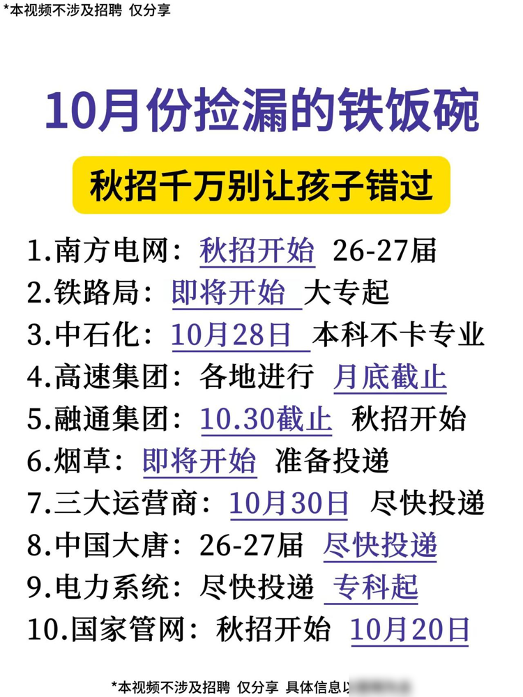 10月找央国企工作，别只盯着“捡漏”和“铁饭碗”。

找央国企工作，最容易让人心动的就是“稳定”两个字。家长希望孩子少些奔波，求职的人盼着心里踏实，这份心情都能理解。但“捡漏”听着轻巧，选工作可不是看见这个词就能放心。

到底是哪家单位、什么岗位，有什么要求，求职时都要逐项了解。“铁饭碗”三个字，也