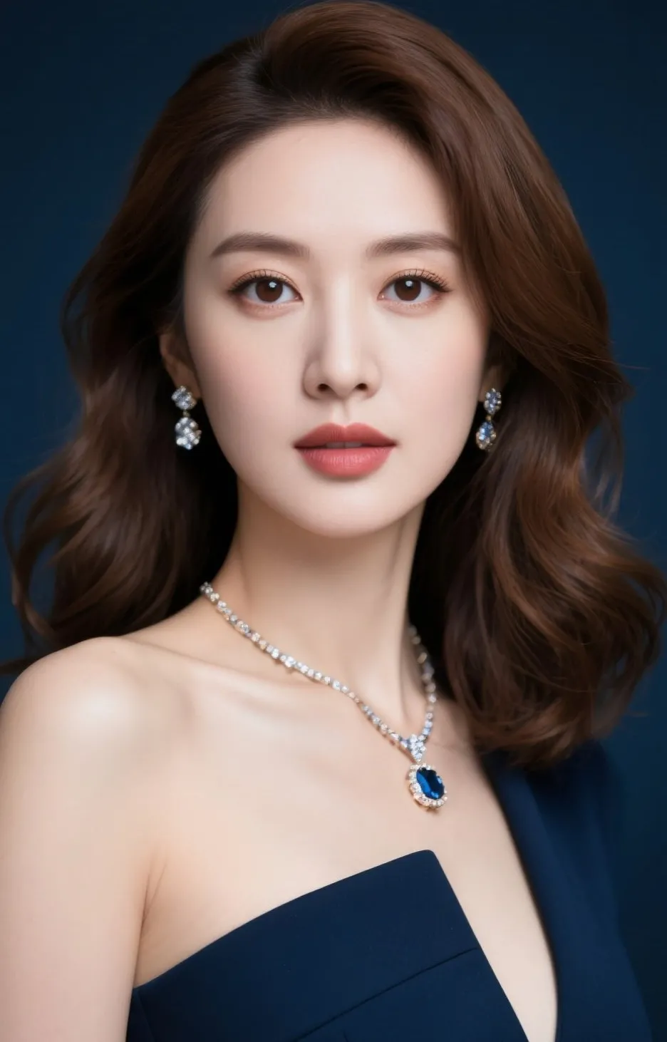 清冷美颜的美女小姐姐 | 哇，这套珠宝首饰搭配深蓝色礼服，真是太有气质了！
