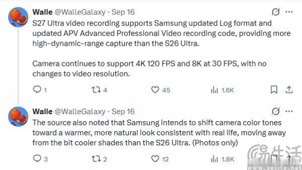 #三易快讯# 继此前疑似Galaxy S27系列机型通过3C认证后，近日有消息源还透露了该系列定位最高的Galaxy S27 Ultra的进一步影像配置详情。相关爆料显示，Galaxy S27 Ultra或保留1/2.52英寸5000万像素的5X长焦摄像头。有传言称，三星可能调整这款机型的拍照算法，减少默认锐化强度，并降低冷色调，转为输 ​