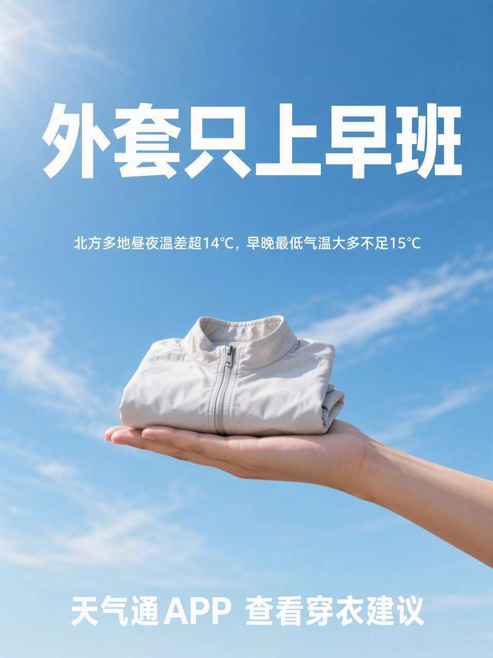 【这个季节，外套只上早班】
又到乱穿衣的季节。白天升温，北方多地昼夜温差超14℃，西北、华北、东北等地早晚的最低气温大多不足15℃。外套又开始只上早班了：清晨全勤，中午下岗，被塞进包里。早晚到底怎么搭，别靠猜，出门前在天气通查一份穿衣建议。#换季穿搭看天气通就对了# #昼夜温差这么大是认真的吗# #又到华西秋雨的季节了#