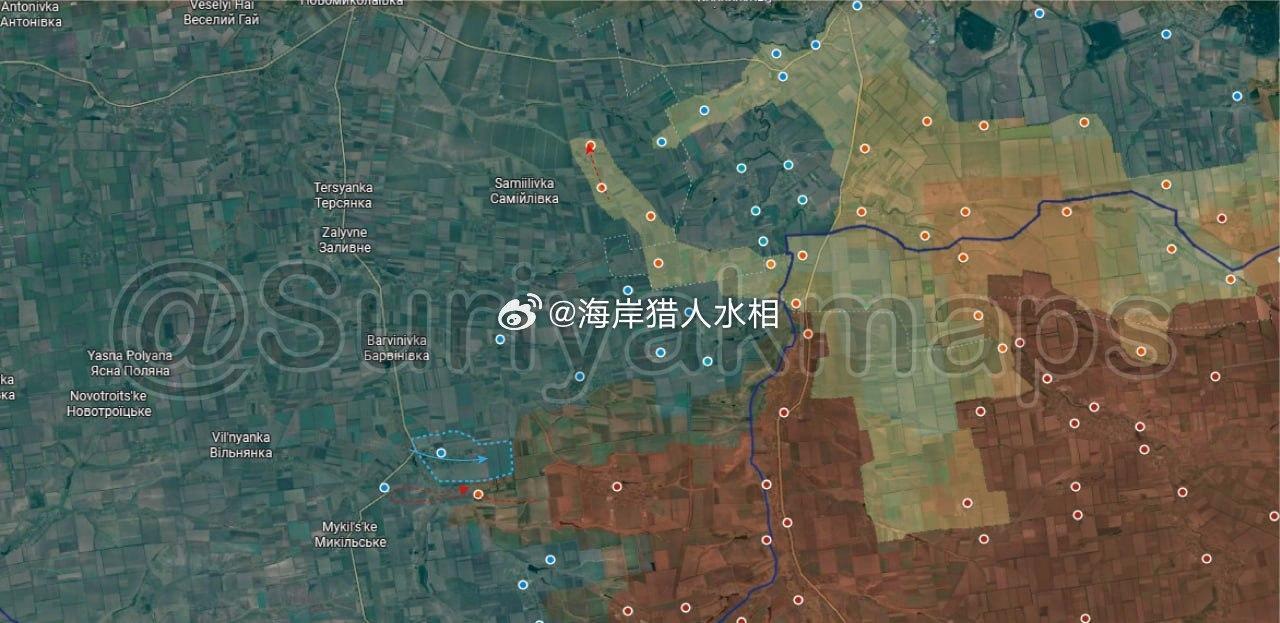 俄乌搏斗第1634-1640天：

古利亚波列和新米科拉伊夫：在过去一周，俄方继续渗透到新的地区，并在泽列内和新索洛希内升起了旗帜。在后者，乌方在俄方从该地区撤退后发起了反击，并控制附近的柳比茨克。

欢迎加入:

#俄乌局势新进展##韩红基金会救护车供应商大门紧闭# ​