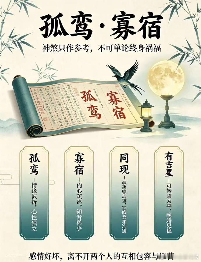 很多人觉得孤鸾、寡宿神煞代表终身孤寡，其实二者本质是不愿将就、心性独立。命带这两个神煞不是遇不到爱，只是不愿勉强凑合，即便在亲密关系中内心也常感孤寂。神煞并非定数，若懂得变通、觅得同频之人，一样能拥有安稳良缘。 ​​​