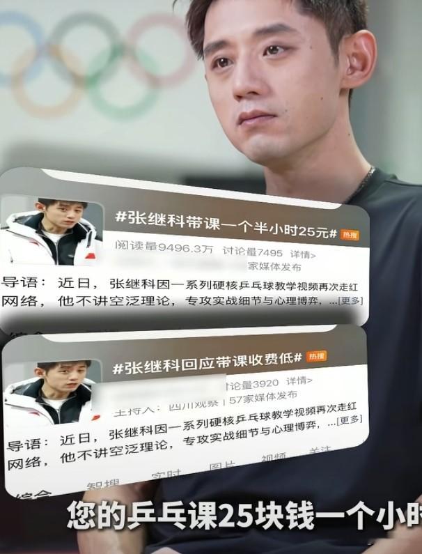 主持人:您的乒乓球课25块/小时是真的吗

张继科:就是有的时候在一些训练之余，我会拿出一个半小时去带一些我们常驯的队员，25块钱一个半小时就是我带的队员第二天给我带杯美式咖啡而已！

其实（培训）费用有三种标准，蕞便宜的一种是980块钱一个月！@乔乔TV 

说实在的，这个价格太便宜了，

小城市