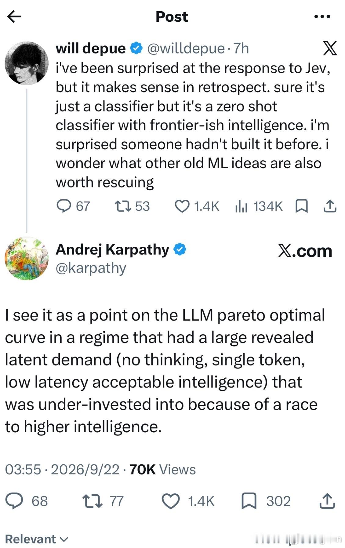 Karpathy点评Jev模型：AI不止“越来越聪明”这一条路
X平台热议Jev模型。Will Depue提出Jev本质属于零样本分类器，拥有接近前沿的智能。
Karpathy则认为：Jev踩中了一个被行业忽视的需求——不需要深度思考、单token输出、低延迟。
行业长期内卷，所有人都在冲刺更高智能，却忽略了这类轻量化、低延迟 ​